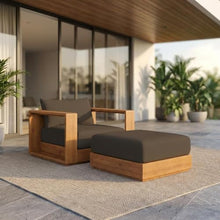 Outdoor Escape Brown Outdoor Patio Acacia Wood Armchair and Ottoman Set, Stylish, Durable Garden Furniture, Comfortable Seating for Patio and Garden