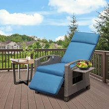 Navy Blue Outdoor Recliner Chair with Hand-Woven Wicker, Adjustable Angle Flip Table, Thick Cushions for Patio, Garden & Poolside