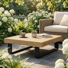 OTSUN Outdoor Coffee Table, Square Patio Dining Table with Teak Wood Slatted Top & Aluminum Frame Low Profile Patio Table for Backyard Poolside Balcony