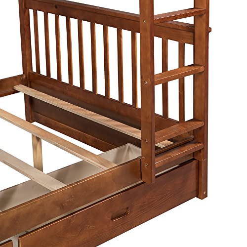Jintop Full-Over-Full Bunk Bed with Ladders & Storage Drawers Walnut