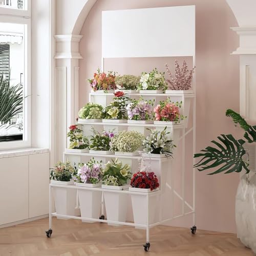BABYCE Balcony Flower Display Stand Flower Display Stand, 4 Layers Metal Plant Holder with Wheels, Heavy Duty Moving Plant Shelf, for Indoor, Outdoor Patio Garden Corner