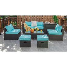 8PCS Patio Rattan Furniture Set Space-Saving Storage Cushion Turquoise