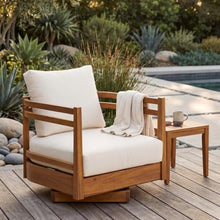 Christopher Knight Home Tess Outdoor Acacia Wood Swivel Accent Chair with Cushions, 360° Rotating Lounge Chair Outdoor with Open-Frame Armrests, Outdoor Swivel Chair for Garden, Teak + Beige