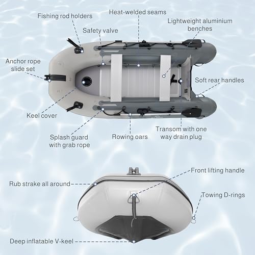 ALEKO Inflatable Boat 4 Person Fishing Raft Aluminum Floor Light/Dark Gray