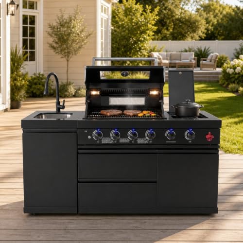 65" Modular Outdoor Kitchen Island,4-Burner 72,000 BTU Stainless Steel Propane Grill with Side Burner,Infrared Burner,Sink,and Granite Countertop.Gas Grill for Backyard & Patio BBQ.