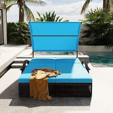 KIPONURA Outdoor Double Chaise Lounge Chair with Canopy, Patio Sun Lounger Daybed with 5-Level Adjustable Backrest, Hidden Side Table, Steel Frame Wicker Sunbed for Poolside Backyard Garden