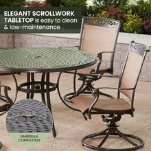 Hanover Fontana 5-Piece Patio Dining Set with Tan Sling Swivel Rocker Chairs and 48" Round Table