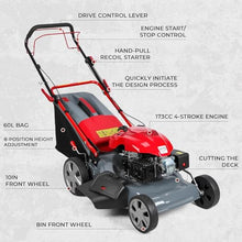Self Propelled Gas Lawn Mower, 20-Inch 173cc Walk-Behind Lawn Mower, Rear Wheel Drive, 60L Grass Bag, Adjustable Cutting Height 25-75mm, Heavy-Duty Blade for Yard Lawns Landscaping Red