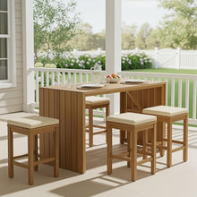 YOPTO 5 Piece Outdoor Bar Set, Patio Acacia Wood Bar Height Table & Four Stools with Cushions, Wood Dining Bar Set for Backyard, Poolside, Balcony, Beige