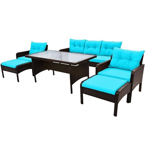 UOPYNE Outdoor Furniture Set, Outdoor Furniture,Patio Conversation Sets, 6-Piece Outdoor Patio PE Wicker Rattan Sofa Set Dining Table Set with Removable Cushions and Tempered Glass Tea Table