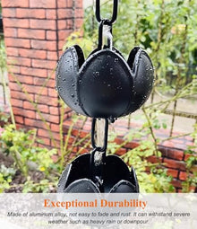 WhamtL Flower Rain Chain Waterfall Water Diverter, Metal Non Rusting Rain Chain Chime Eaves Drainage, Hanging Rain Gutter Chains Outside Decoration(Black,6.5m (21.3ft))