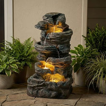 6-Tier Cascading Stone Water Fountain Outdoor Indoor Freestanding Resin Waterfall Feature with 3 LED Lights,Quiet Pump, Natural Rock Accent for Garden Patio Yard Deck Porch