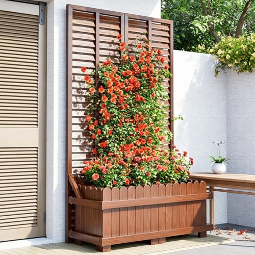 Large Floor-standing Wooden Planter With A Trellis, Tall Privacy Screen For Climbing Vines,Combines Hanging Planters With In-soil Planting,Suitable For Terraces(39.4x11.8x70.9in,No Top)
