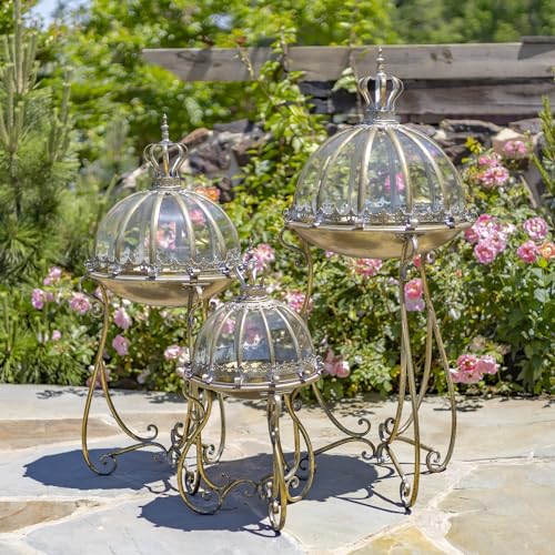 Set of 3 Glass Dome Terrariums with Iron Stands, Frosted Gold