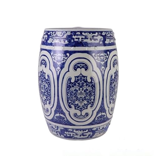 LINKIO Garden Stool Celadon Ceramic Garden Stool, Hand-Painted, Decorative Drum Design, Indoor Outdoor Use Ottomans(D)