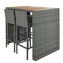 5-Piece Outdoor Wicker Bar Set with Acacia Wood Table and 4 Bar Height Chairs, Removable Cushions, Non-Slip Feet, Rope Secured Seating, Patio, Balcony, Garden, Poolside, Brown Wood Gray Wicker