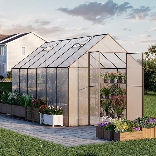 Patio Kingdom 8x12FT Walk-in Greenhouse, Heavy Duty Polycarbonate Greenhouse with Aluminum Frame, Lockable Door & Adjustable Roof Vent, UV Protection Large Outdoor Greenhouses for Garden Backyard