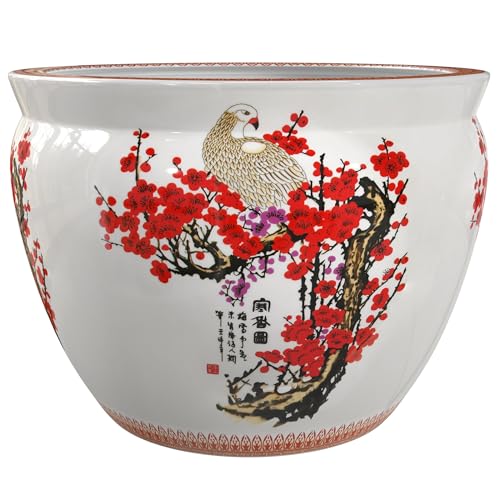 Red Lantern Large 20" Porcelain Fishbowl Cherry Blossom Planter