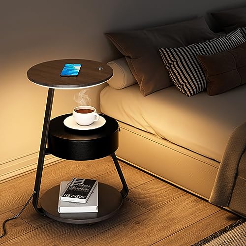 TQQEPOOL End Table with Lamp,Floor Lamp with Table Attached,Rustic Bedside Nightstand with Drawer and Wireless Charging for Bedroom,Living Room (Color : C, Size : 60 * 36cm)