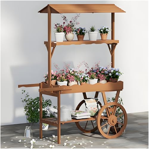 Wooden Flower Cart Display Stand with Wheels, Decorative Plant Bouquet Shelf with Canopy, Rolling Candy Cart for Store, Garden, Party Decor Brown D-L41.1" xW18.1 xH57.2