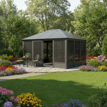 DuraYu 11.2'(W) x 14.6'(L) Outdoor Sunroom Aluminum Hardtop Gazebo with Galvanized Steel Roof, PVC Screen Walls and Sliding Doors, Gray