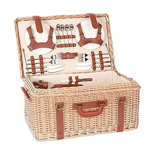 Storage Basket,Wicker Picnic Sets for 4 Persons, Outdoor Hand Woven Fruit with Utensils Cutlery & Mat, for Family,Party,Camping