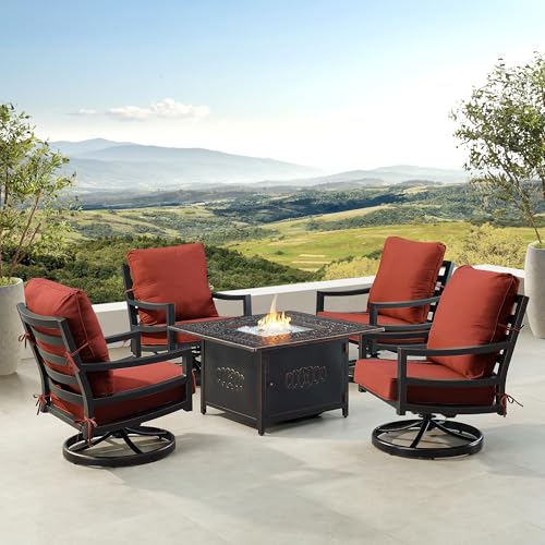 Oakland Living Black Aluminum Patio Fire Table Set with Four Club Chairs with Red Cushions
