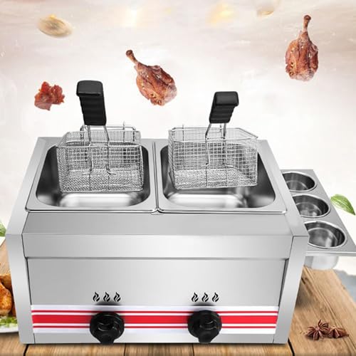 Commercial Gas Fryer, Stainless Steel Fryer, Large Capacity With Removable Baskets, Adjustable Firepower, Easy To Clean For Home Doublecylinder10l+10l