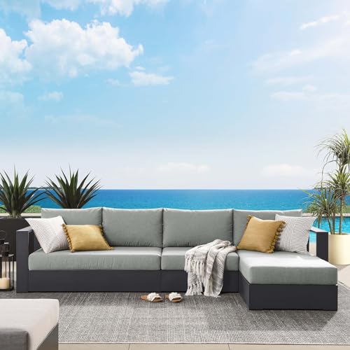 Modway Tahoe Modular Aluminum 3-Piece Outdoor Patio Furniture Gray, Right-Facing Sectional Sofa Set with Weather-Resistant Cushions, Ideal for Deck, Backyard, Poolside