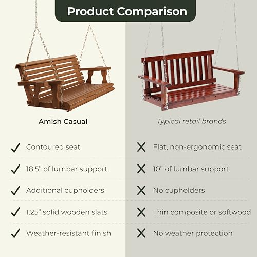 Amish Casual Heavy Duty 700 Lb Capacity Porch Swing with Cup Holders (4 Foot, Semi-Solid Black Stain) – Wooden Outdoor Roll Back Swing with Hanging Chains – Amish Made in the USA
