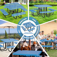 46" Square Top Outdoor Picnic Table Set for Up to 8 Persons, Outside Table Set with 4 Built-in Benches, Metal Commercial Grade Dining Furniture with Umbrella Hole for Garden, Backyard, Patio, Blue