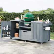 66.5" Outdoor Kitchen Island Food Prep Cart with Big Green Egg Grills for Garden Lawn, Solid Wood Patio Grill Cart with Stainless Steel Top & Storage Drawers for Home Kitchen Dining Room (Grey+Blue )