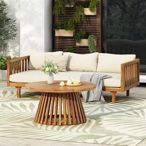 Merax Outdoor Patio 3-Seat Sofa and Round Coffee Table, Beige +Teak