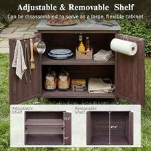 YATON Outdoor Grill Cart with Stainless Steel Top, Rolling Outdoor Kitchen Island with Storage Cabinet & 3-Tier Side Shelves, BBQ Prep Table on Wheels with Hooks for Patio Backyard,Brown