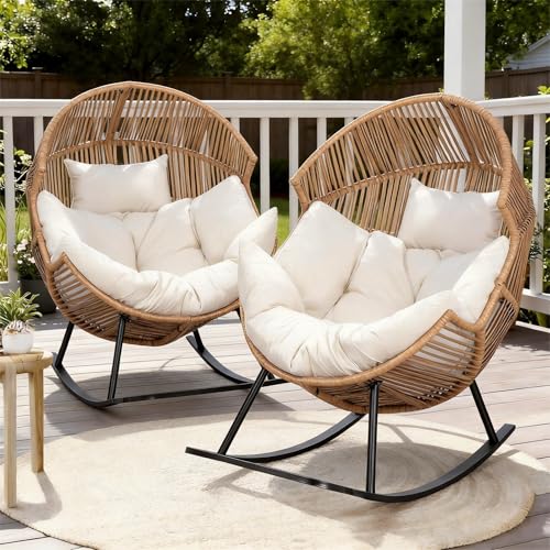Oversized Outdoor Rocking Chair Set of 2, Wicker Egg Patio Lounge Chair Basket Seat with Thick Cushion, All Weather Indoor Outdoor Porch Rockers for Balcony, Living Room, Lawn Garden