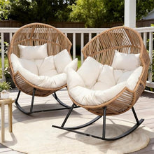 Oversized Outdoor Rocking Chair Set of 2, Wicker Egg Patio Lounge Chair Basket Seat with Thick Cushion, All Weather Indoor Outdoor Porch Rockers for Balcony, Living Room, Lawn Garden