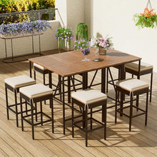 10-Piece Outdoor Bar Set with Acacia Wood Table and 8 Stools, Patio Dining Furniture with Removable Cushions, Foldable High-Dining Bistro Set for Backyard, Garden, Balcony, All-Weather Brown