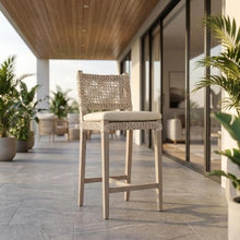 Outdoor Escape Beige Costa Counter Stool, Removable Seat Cushion, Solid Teak and Metal Frame, Ecru Weave, Patio Dining