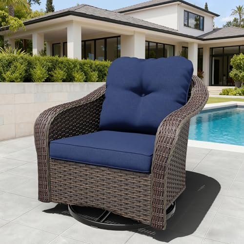 MeetLeisure Wicker Swivel Rocking Chairs - Outdoor Brown Wicker Swivel Glider Chair Outdoor Rocking Chair with Water-Resistant Cushions, Blue