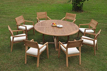 WholesaleTeakFurniture Grade-A Teak Wood 8 Seater 9 Pc Dining Set: 72" Round Table and 8 Vellore Stacking Arm Chairs #WFDSVL36
