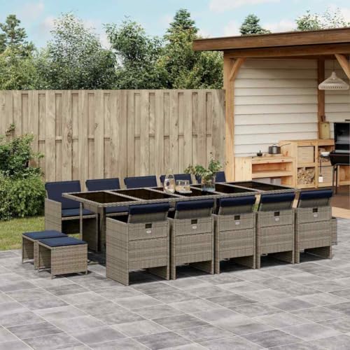 LPERTGFHU 15 Piece Garden Dining Set, Outdoor Poly Rattan Patio Furniture with Tempered Glass Table, Chairs and Stools for Backyard, Grey