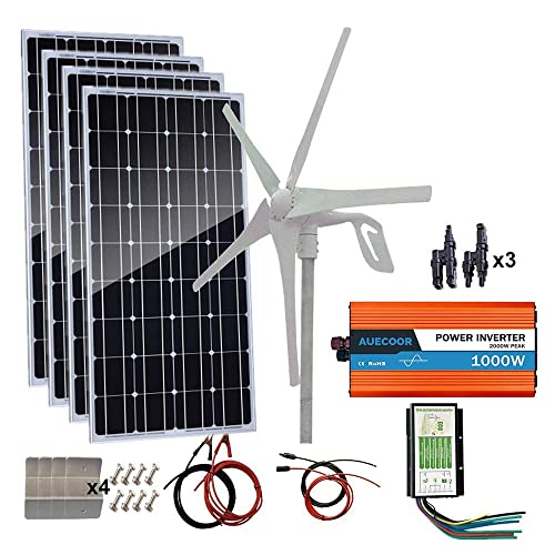 AUECOOR 800W Solar Wind Power Kit (Hybrid System): 400W Wind Turbine Generator +400W Mono Solar Panel + 1000W Inverter+Accessory