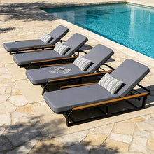 Merax 4-Piece Outdoor Patio Adjustable Chaise Lounge Set, Black Iron Frame with Teak Wood Armrests, Grey Waterproof Fabric Cushion, 500 lbs Capacity, Reclining Lounger for Poolside, Backyard