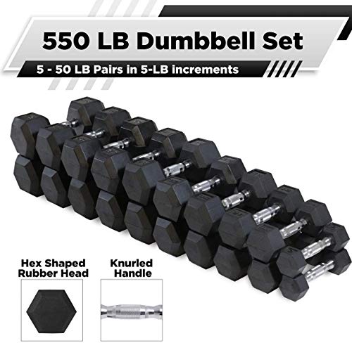WF Athletic Supply Rubber Coated Hex Dumbbell Set - Non-Slip Hex Shape - 550LB Dumbbells Set