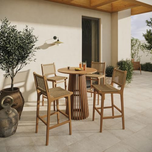 Modway Rowe Teak Wood Patio 5-Piece Outdoor Bar Set in Natural, Outdoor Round Bar-Height Bistro Pub Table and 4 Patio Bar Stools with Faux Rattan Seat and Back