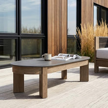 Real Flame Stratton 55" Outdoor Coffee Table, Natural Stone top, Aluminum Frame, Weather-Resistant Patio Coffee Table for Garden, Pool, Balcony, Porch