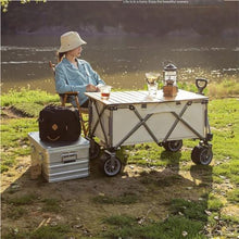 Outdoor Beach Trolley Cart for Camping Picnics and Gatherings Portable Folding Table Pull Rod and Small Trailer Brown Color