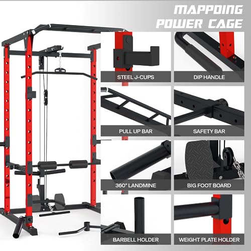 Mappding Power Cage with LAT Pulldown, Multi-Functional Squat Rack Red