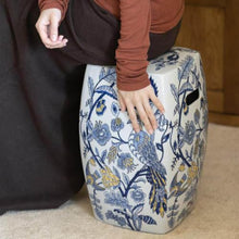 ELEFOCUS Blue White Porcelain Garden Stool, Ceramic Side Table, 11x15.7in