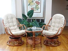 Wickerix Set of 2 Bali Lounge Swivel Rocking Chairs with Cream Cushion and Pelangi Round Coffee Table Natural Rattan Wicker Handmade, Colonial Color